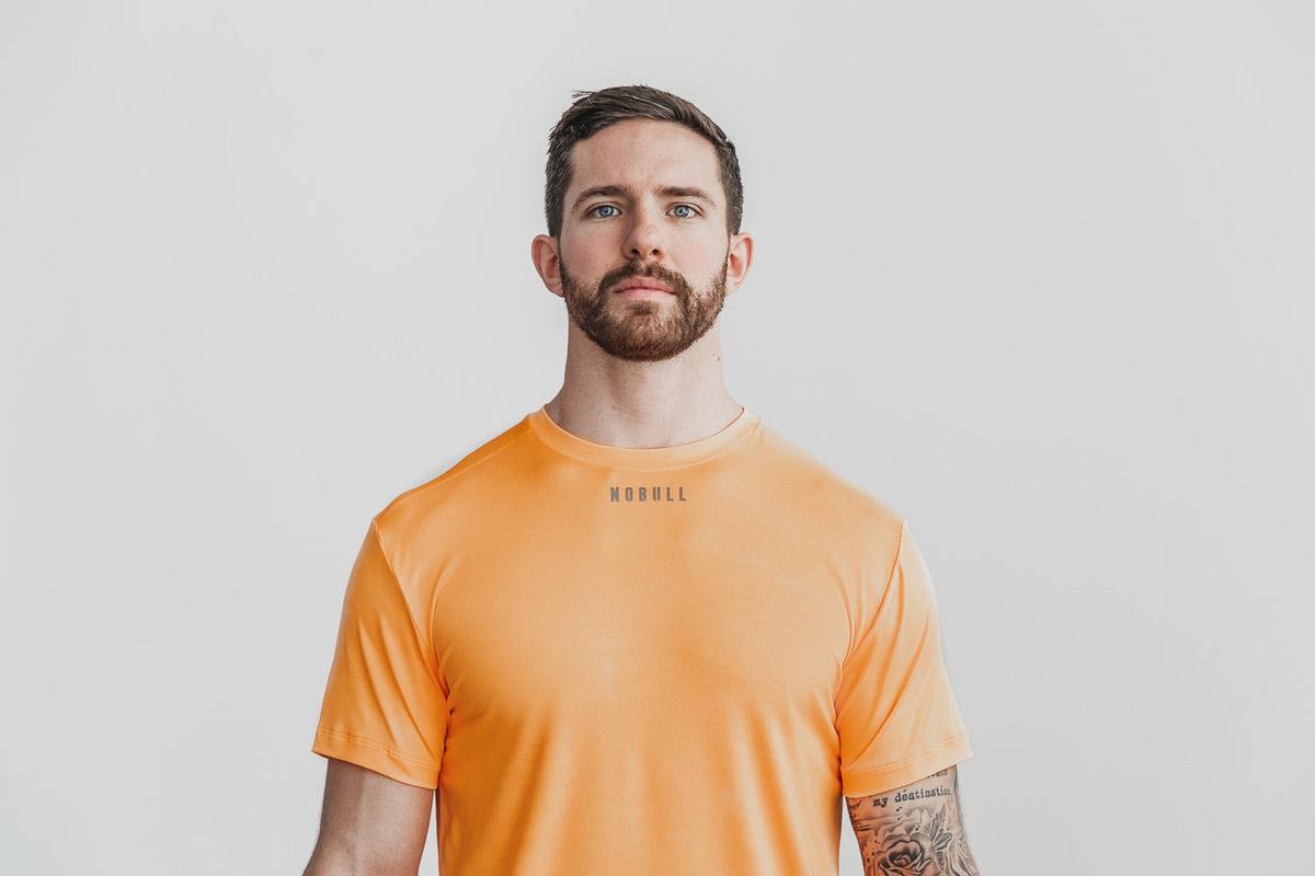Nobull Lightweight Textured Men's T Shirts Orange Camo | Australia (KN0862)